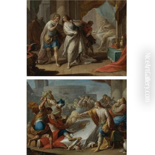 Amnon's Outrage On Behalf Of His Sister Tamar (+ Absalom Orders The Murder Of Amnon; Pair) Oil Painting by Andrea Celesti