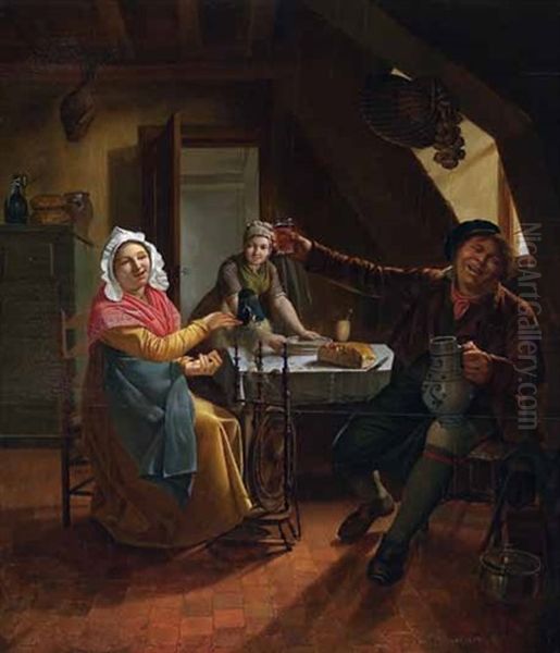 Stubeninterieur Mit Einer Frau Am Spinnrocken, Einer Magd Am Gedeckten Tisch Und Einem Lustigen Weintrinker Oil Painting by Francois Celestin