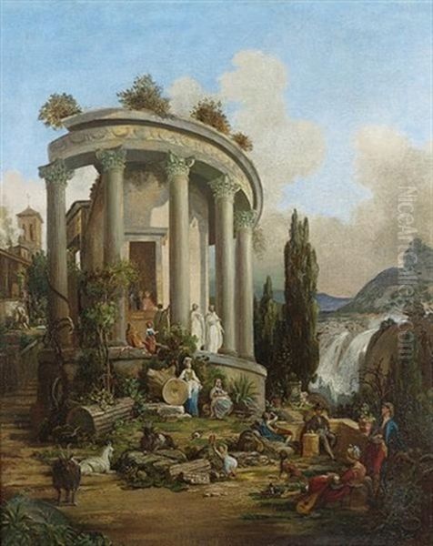 Figures Amongst The Ruins Of The Temple Of Vesta At Tivoli Oil Painting by Francois Celestin