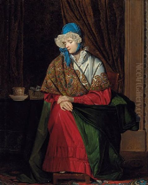 Portrait Of A Lady Seated In An Interior Wearing A Paisley Shawl Oil Painting by Francois Celestin