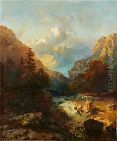 View Of The Snow-capped 'jungfrau' Mountain In The Bern Alps Oil Painting by Herman Wilhelm Cellarius