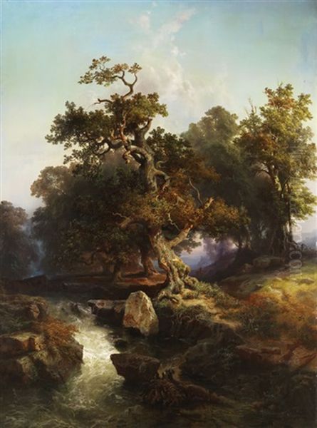 Landschaft Mit Alten Eichenbaumen An Einem Bachlauf Oil Painting by Herman Wilhelm Cellarius