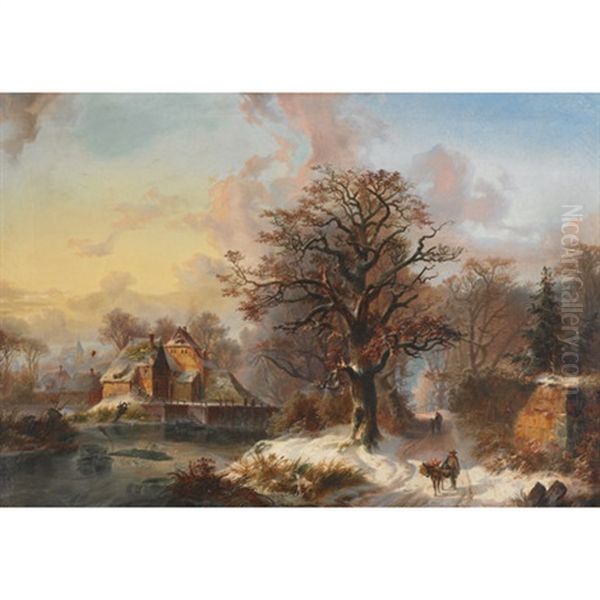 Travellers By A Frozen Village Pond Oil Painting by Herman Wilhelm Cellarius