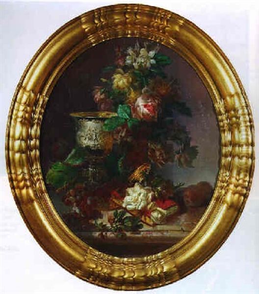 A Still Life With Roses In A Vase, A Sculpted Cup, A Book, Grapes And Peaches On A Marble Ledge Oil Painting by Herman Wilhelm Cellarius