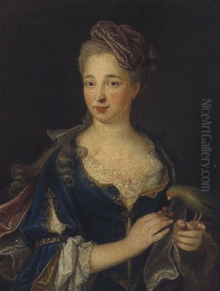 Portrat Der Dame De Chateaurenard, Die Einen Papagei Mit Kirschen Futtert Oil Painting by Joseph Cellony