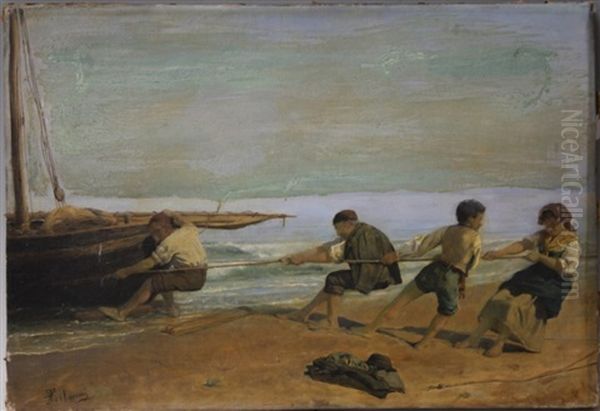 Italian 19th Century Fishing Scene Oil Painting by Pasquale Celommi