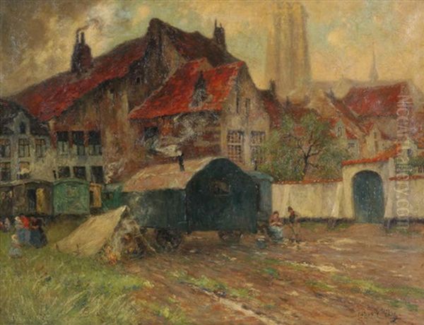 Caravanes Devant La Ville De Malines Avec La Tour Saint Rombout Oil Painting by Julien Celos