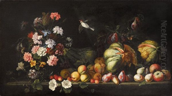 Blumen In Einer Vase Mit Fruchten Auf Einer Steinplatte Mit Einem Vogel;  Blumen Und Fruchte Auf Einer Steinplatte (pair) Oil Painting by Pietro Paolo Cennini