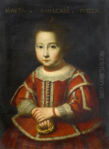 Portrait Of A Young Girl, In A Red Embroidered Dress, Holding A Pretzel Oil Painting by Carlo Ceresa