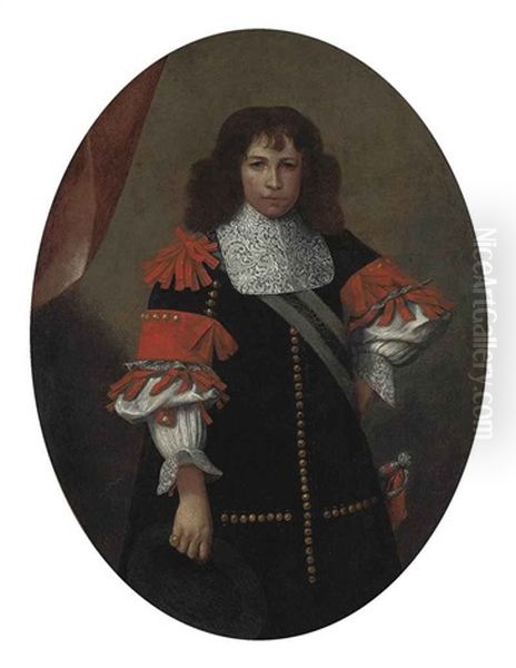 Portrait Of A Gentleman In A Black Coat With Red Ribboning And A Sash Oil Painting by Carlo Ceresa