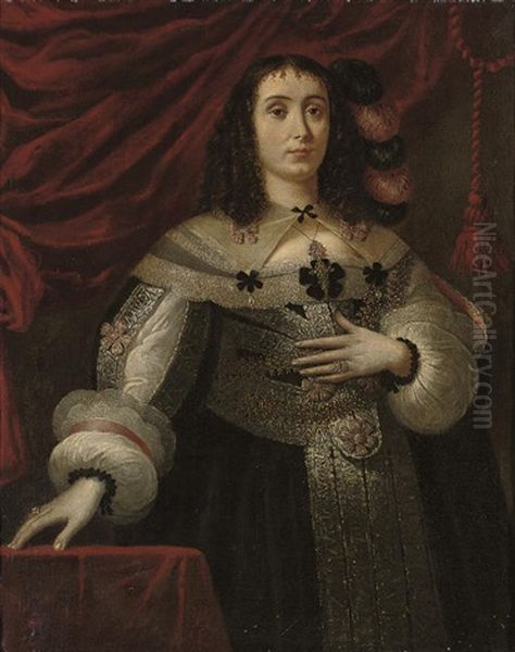 Portrait Of A Lady In A Black Dress With Silver Embroidery, Slashed Sleeves, And Black And Pink Bows Oil Painting by Carlo Ceresa