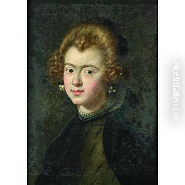 A Portrait Of A Lady In Black With Pearl Necklace And Earrings Oil Painting by Carlo Ceresa