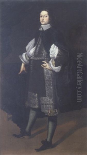 Portrait Of A Nobleman Wearing A White Chemise And Black Doublet And Hose Embroidered With Silver, Standing Beside A Table In An Interior Oil Painting by Carlo Ceresa