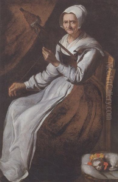 Ritratto Di Anziana Gentildonna In Atto Di Filare Da Una Conocchia, Con In Basso Un Cagnolino Maltese Dormiente Oil Painting by Carlo Ceresa