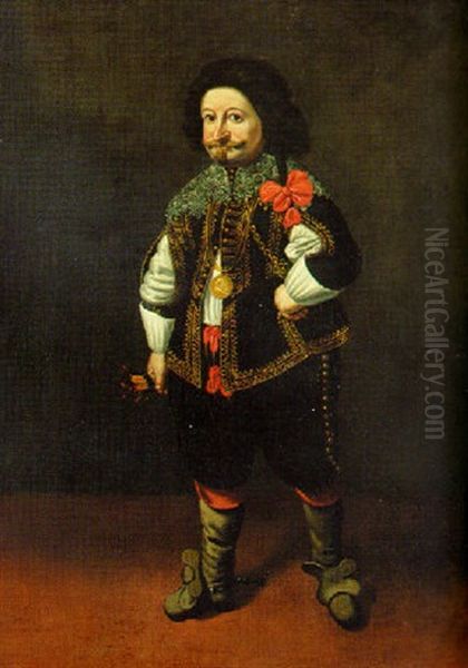 Portrait Of A Dwarf In A Gold Embroidered Black Coat With Slashed Sleeves, Black Breeches And A White Shirt Oil Painting by Carlo Ceresa