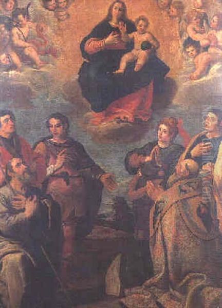 The Madonna And Child Seated In A Cloud Surrounded By Seraphims With St. Luke And Five Other Saints Below Oil Painting by Carlo Ceresa