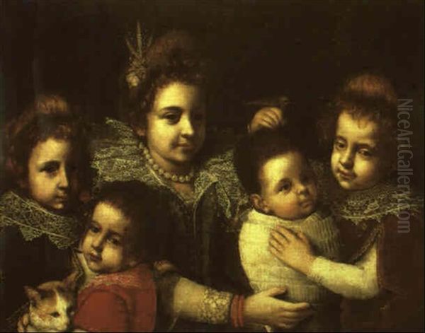 Portrait Of Three Girls, A Baby And A Boy Holding A Cat Oil Painting by Carlo Ceresa