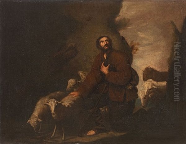 Mountain Landscape With Kneeling Shepherd (a Saint?) Oil Painting by Mateo Cerezo