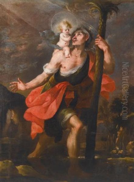 Saint Christopher Carrying The Christ Child Oil Painting by Mateo Cerezo