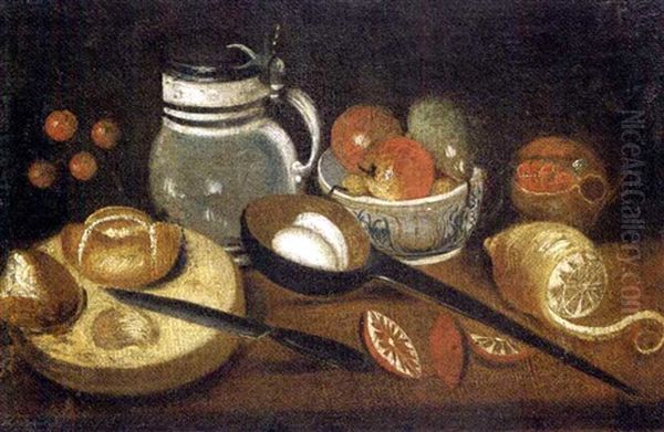 An Earthenware Tankard, A Partly-peeled Lemon, A Ladle With Eggs, Apples And Pears In A Bowl, Bread And A Knife On A Table Oil Painting by Mateo Cerezo