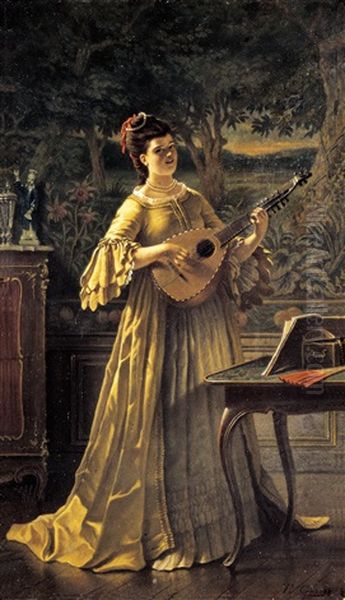 Musicerende Dame In Een Salon Oil Painting by Theodore Ceriez