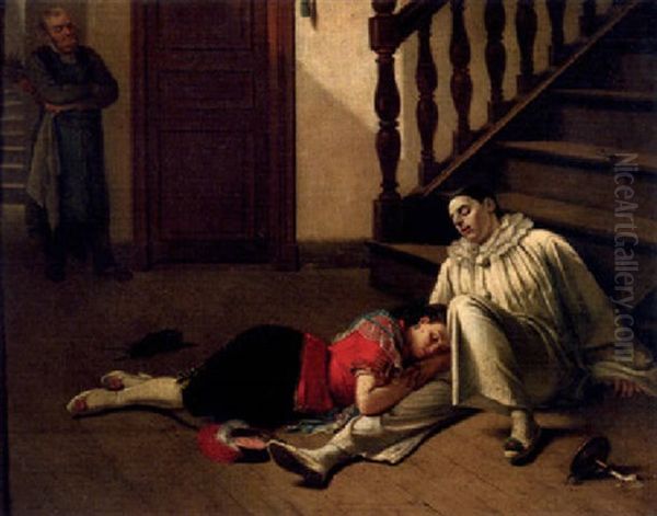 After The Party - Commedia Del'arte Characters Sleeping On A Stairway Oil Painting by Theodore Ceriez