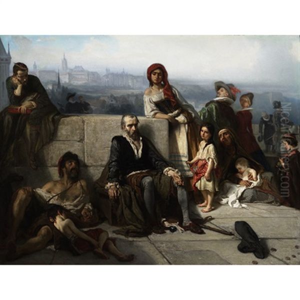 Lomnitzky Von Budecz Auf Der Brucke (le Poete Simon Von Lomnitz Mendie Sur Le Pont) (the Poet Lomnicky As A Beggar On The Bridge Of Prague) Oil Painting by Jaroslav Cermak