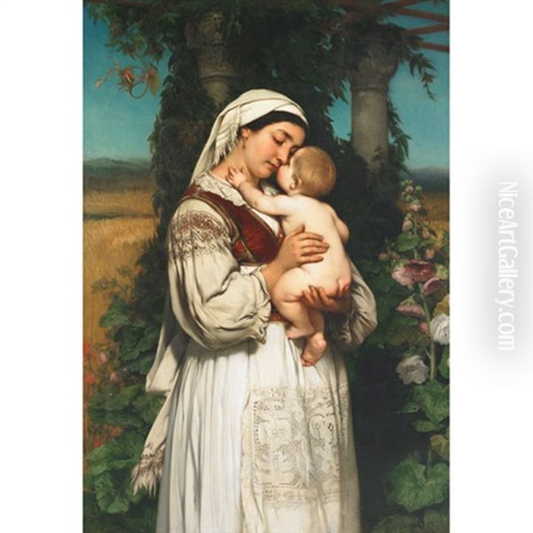 Madonna Of The Black Mountain (a Mother Cradling Her Baby In A Garden Arbor With Hollyhocks) Oil Painting by Jaroslav Cermak