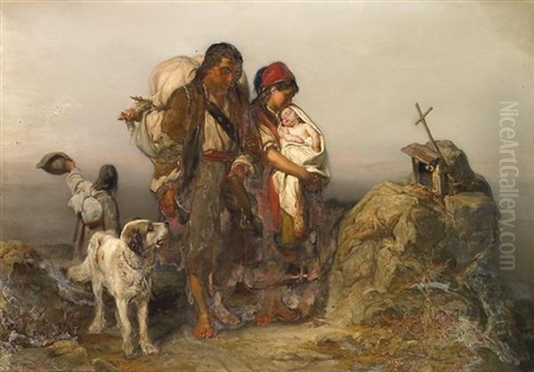 Auf Der Flucht. Junge Hussitenfamilie, Uber Einen Gebirgspass Steigend Oil Painting by Jaroslav Cermak