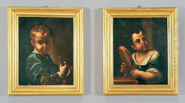 Bambino Con Tamburello E Bambino Con Pestello Oil Painting by Antonio Amorosi