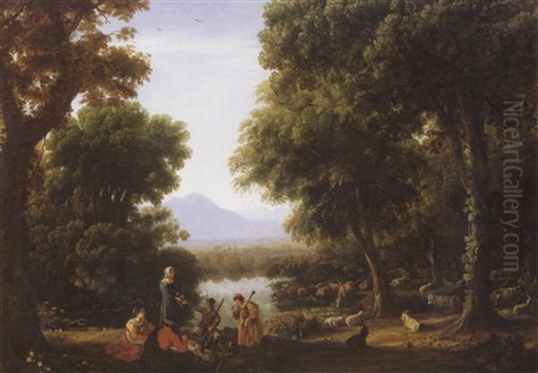 Landscape With Sportsmen And Other Figures Beside A Lake With Cattle Sheep Oil Painting by Angelucio Cerquozzi