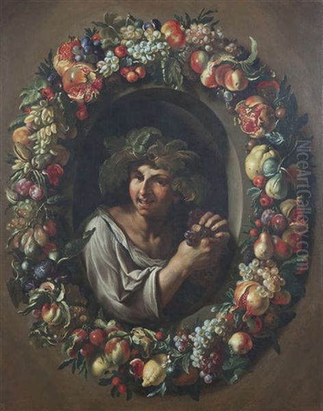 A Bacchante With Grapes, Surrounded By An Oval Of Mixed Fruits Oil Painting by Michelangelo Cerquozzi