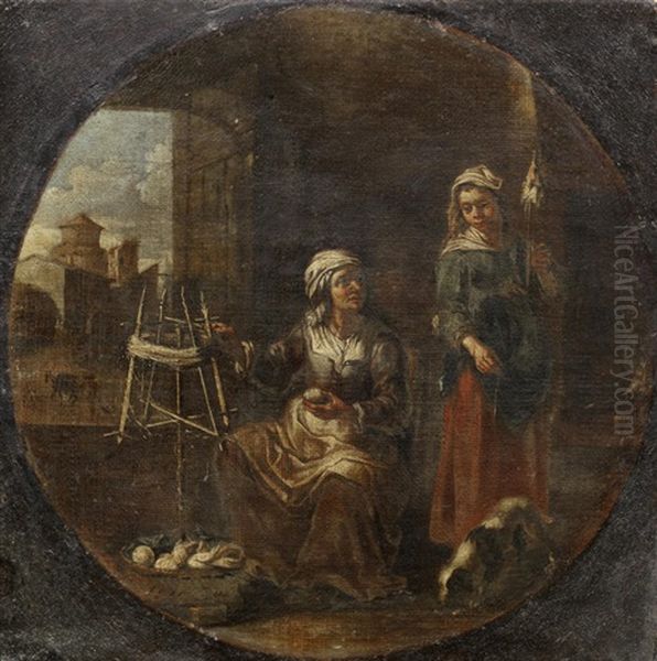 A Woman And Her Daughter Spinning Wool; And Peasants And Their Animals Before A Landscape, (2) Oil Painting by Michelangelo Cerquozzi