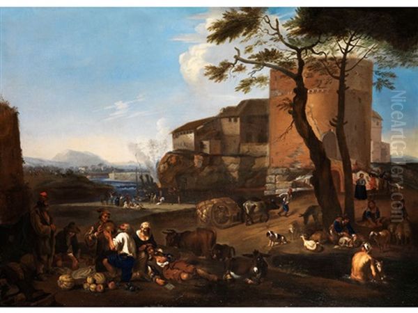 Paesaggio Laziale Con Pastori E Un Villaggio Fortificato (latium, Landschaft Mit Hirten Und Dorf Mit Befestigungsmauern) Oil Painting by Michelangelo Cerquozzi