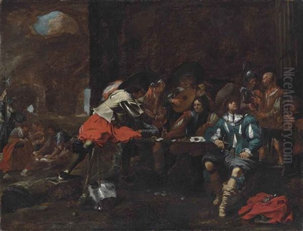 Soldiers And Elegant Figures Playing Cards And Making Music In A Ruined Classical Building Oil Painting by Michelangelo Cerquozzi