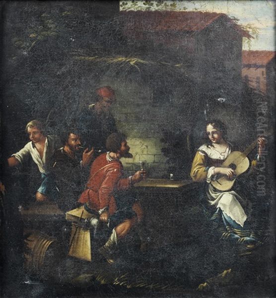 Figures Smoking And Making Music In A Courtyard Oil Painting by Michelangelo Cerquozzi