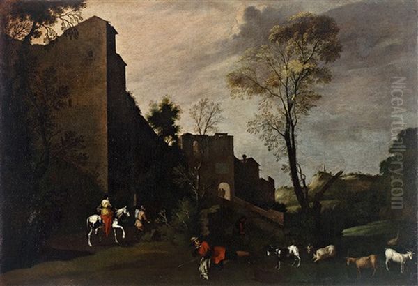 Landschaft Mit Bauerlicher Staffage Vor Einer Stadtmauer Oil Painting by Michelangelo Cerquozzi