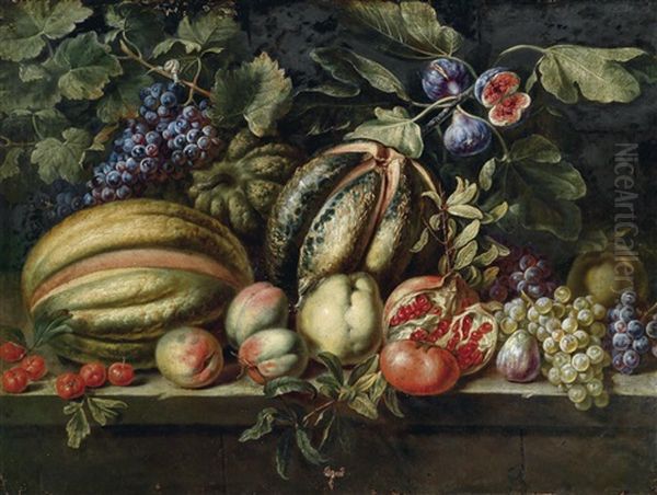 Ein Fruchtestillleben Mit Melonen, Trauben, Feigen, Quitten, Kirschen, Pfirsichen Und Einem Granatapfel Oil Painting by Michelangelo Cerquozzi