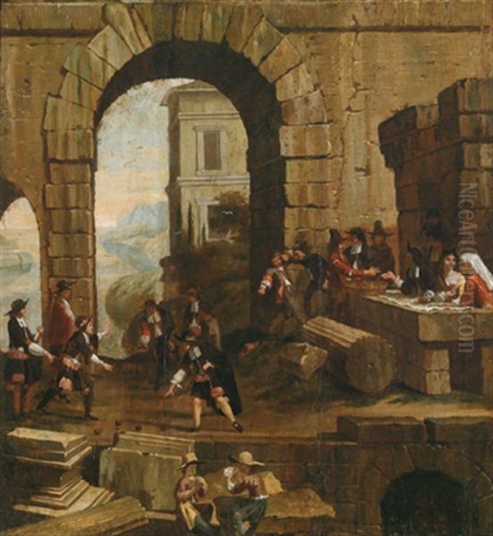 Boccia- Und Kartenspieler Sowie Weitere Figuren Vor Den Toren Einer Stadt - Giocatori Alle Bocce E Di Carte E Altre Figure Davanti Alle Porte Di Una Citta Oil Painting by Michelangelo Cerquozzi