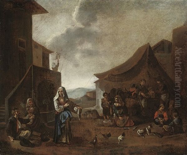 Peasants In A Village Square Oil Painting by Michelangelo Cerquozzi