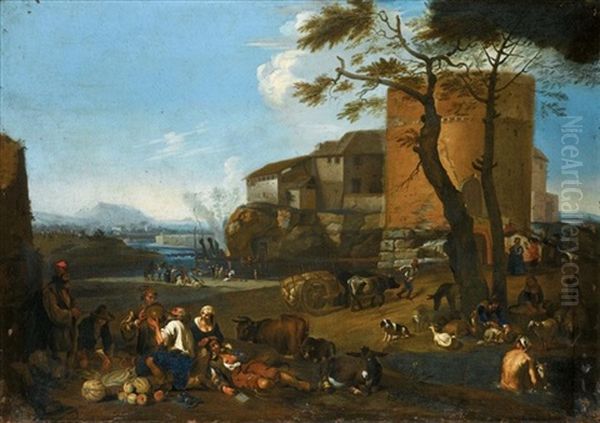 Italianate Landscape With Peasants Eating And Drinking With Their Animals Near A Fortified Village Oil Painting by Michelangelo Cerquozzi