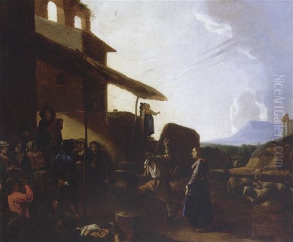 Roman Street Scene With Figures Dancing And Drinking Outside A Tavern Oil Painting by Michelangelo Cerquozzi