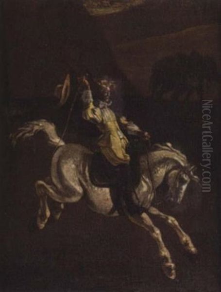 A Gentleman In Yellow Schooling A Horse Oil Painting by Michelangelo Cerquozzi