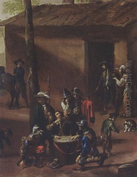 Soldiers Playing Dice On A Drum In Front Of A Barn Oil Painting by Michelangelo Cerquozzi