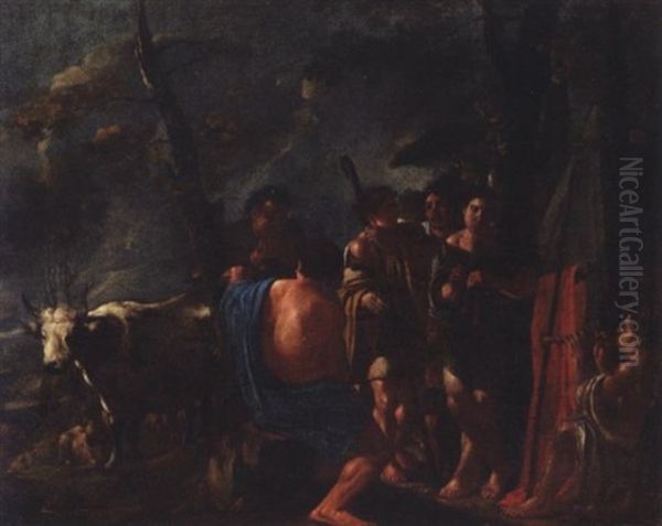 Shepherds Resting And Making Music With A Cow And Sheep In A Landscape Oil Painting by Michelangelo Cerquozzi