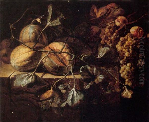 Still Life Of Melons With Apples And Grapes Arranged Upon A Stone Ledge Oil Painting by Michelangelo Cerquozzi