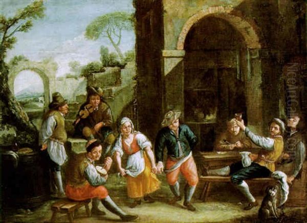 Tanzende Bauern Vor Einer Trattoria by Michelangelo Cerquozzi