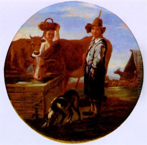 Hirtin Und Hirt In Einer Landschaft Oil Painting by Michelangelo Cerquozzi