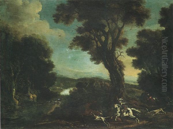 An Extensive River Landscape With Horsemen And Their Hounds Hunting A Stag Oil Painting by Michelangelo Cerquozzi