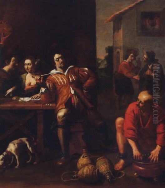 Figures Drinking, Smoking And Cavourting Outside A Brothel Oil Painting by Michelangelo Cerquozzi